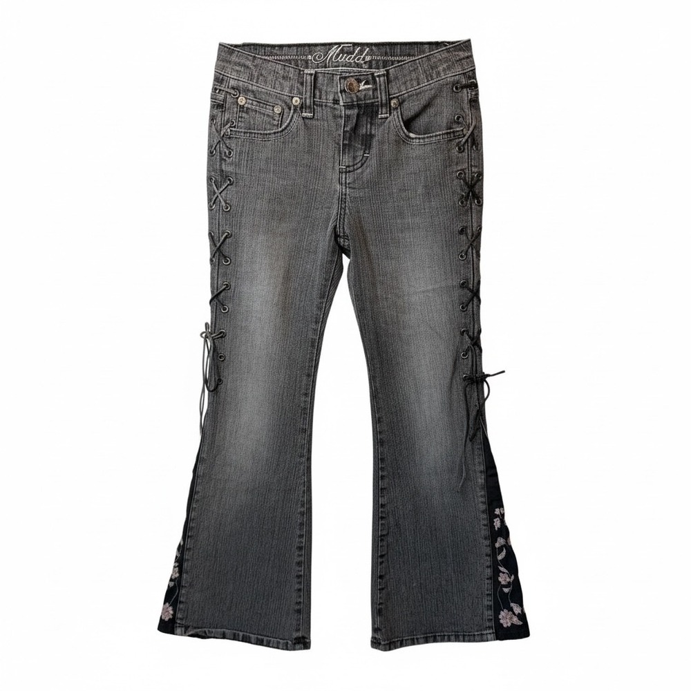 VTG Mudd Flare‎ Jeans 90s Lace Up Side Floral Denim Kids Girls SZ 8R Pants